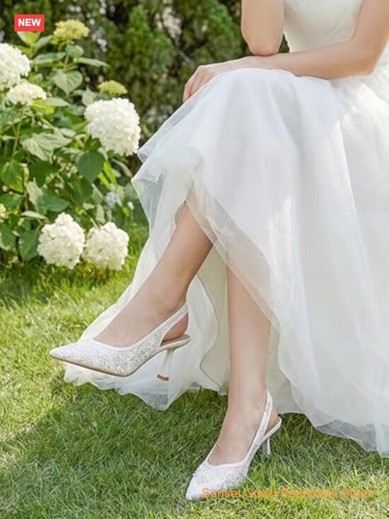 Ivory Pearl Slingback Kitten Heel Bridal Shoes with Heel Bow Bridal Slingback Kitten Heel Pumps with Pearl Accents Mesh Lace